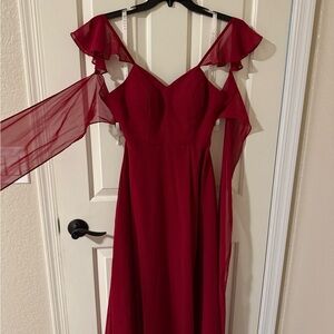 Azazie “Everett” Burgundy Off-Shoulder Ruffle Maxi Dress